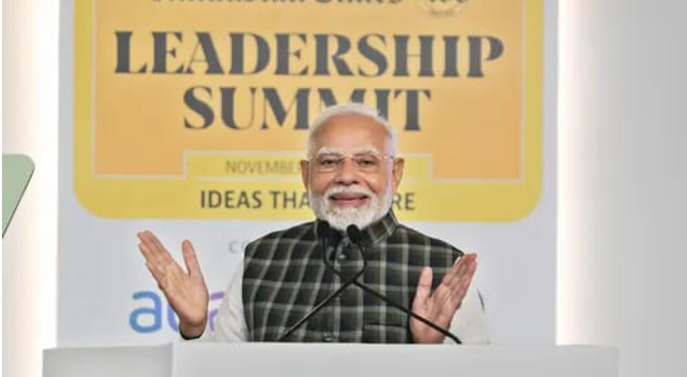 Prime Minister Narendra Modi delivers speech at the Hindustan Times Leadership Summit 2024 in New Delhi.