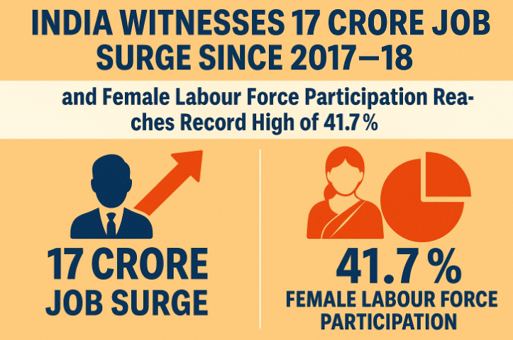 India Witnesses 17 Crore Job Surge Since 2017–18 and Female Labour Force Participation Reaches Record High of 41.7%.