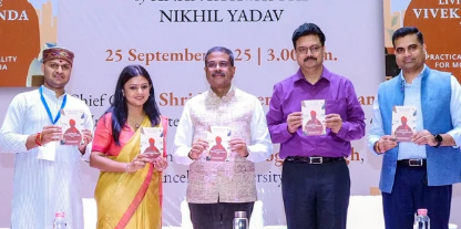 Union Minister Dharmendra Pradhan Unveils Book “Living The Vivekananda Way” at Delhi University.