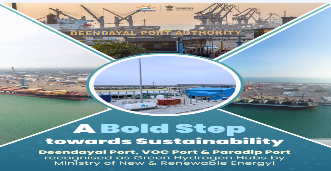MNRE Recognises Three Major Ports as Green Hydrogen Hubs under National Green Hydrogen Mission.